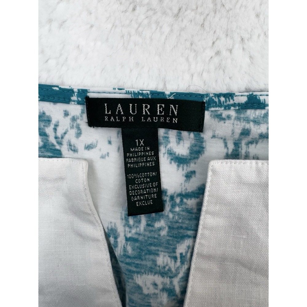 LRL Lauren Ralph Lauren Popover Tunic Top Teal White Paisley 100% Cotton Size 1X - Picture 11 of 12